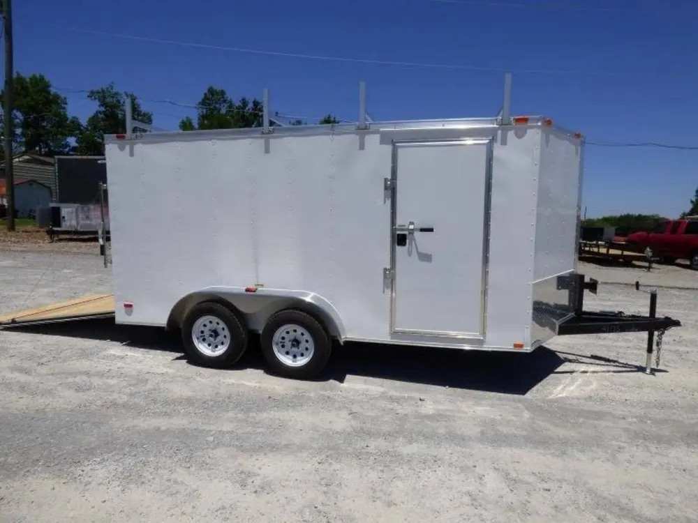 7×14 Enclosed Trailer White V-Nose Ladder Racks (2) 3500lb Axles Storage — view 3