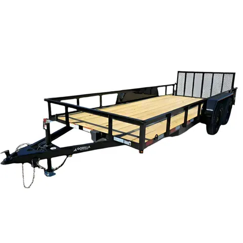 Tandem-axle dovetail trailer on white, tube side rails, fresh wood deck, mesh gate raised, blue-tipped jack foot