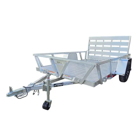 Aluminum utility trailer on a white background, slatted gate raised, extruded deck planks, single axle, caster jack