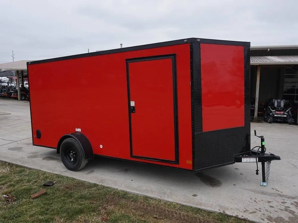 7×14 Enclosed Trailer Red V-Nose Blackout Package 3,500lb Axle Storage — view 2