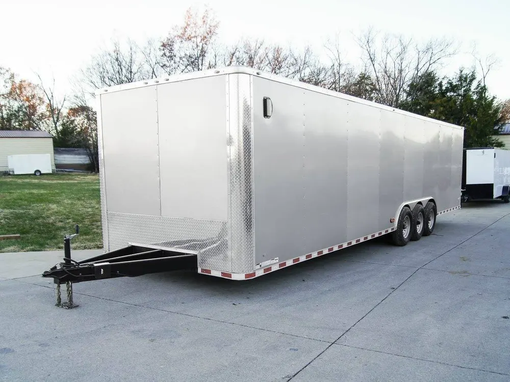 8.5 x 32 Silver Flat Nose Enclosed Car Hauler Trailer with (3) 7K Axles 21K GVWR — view 2